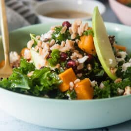 A harvest bowl with farro and kale.