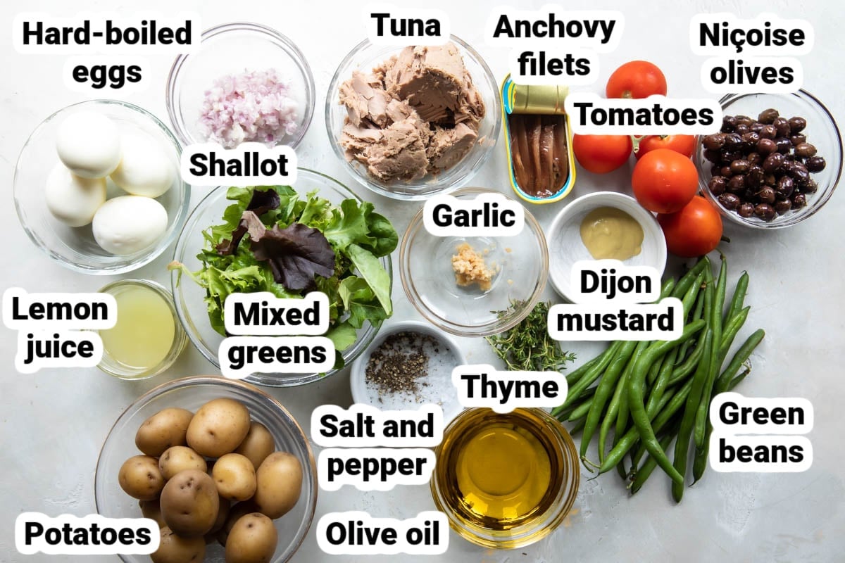 Labeled ingredients for Niçoise salad.