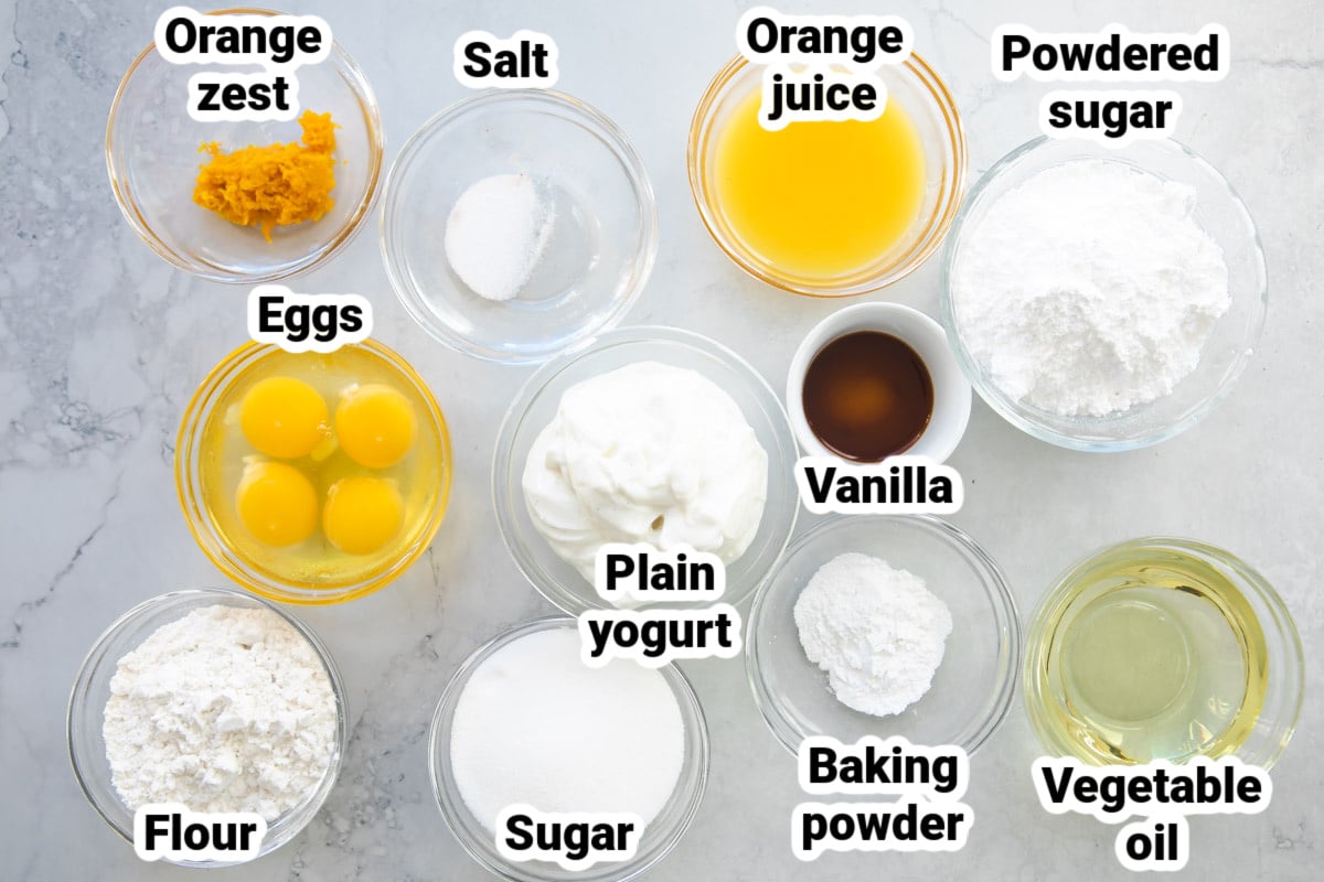 Labeled ingredients for orange cake.