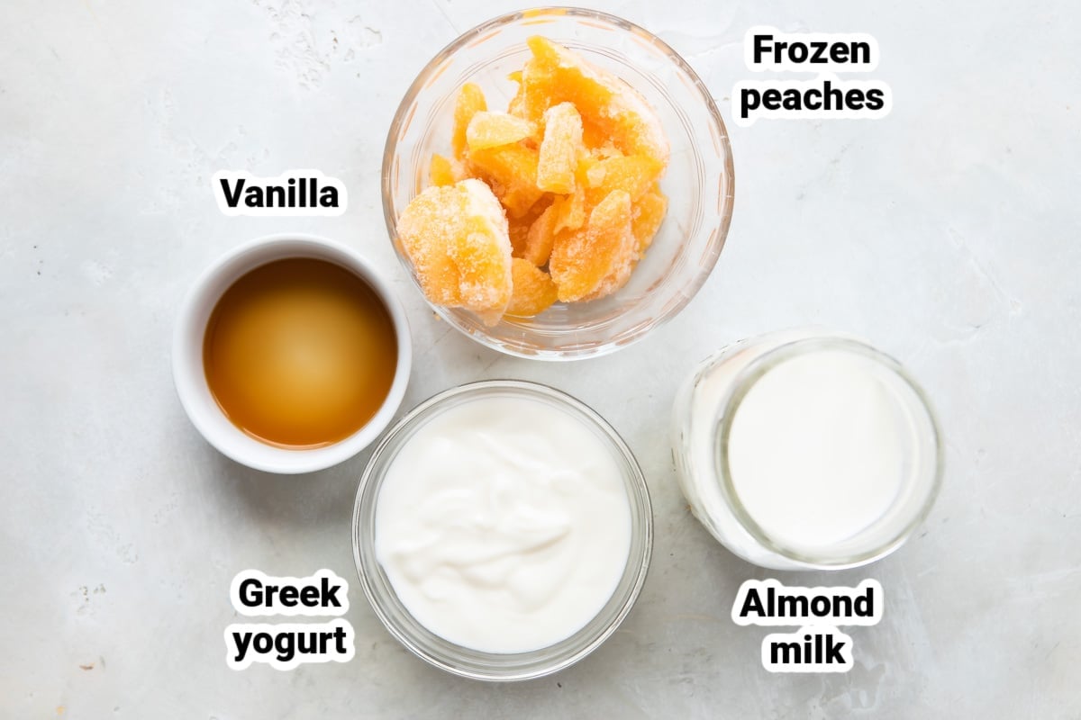 Labeled ingredients for peach smoothies.
