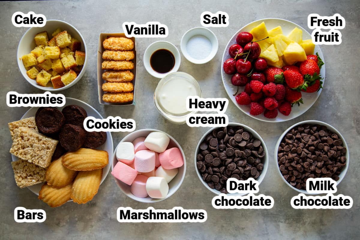 Labeled ingredients for chocolate fondue.