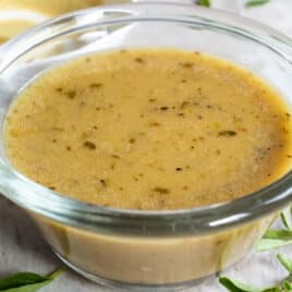 Dijon Vinaigrette in a clear glass dish.
