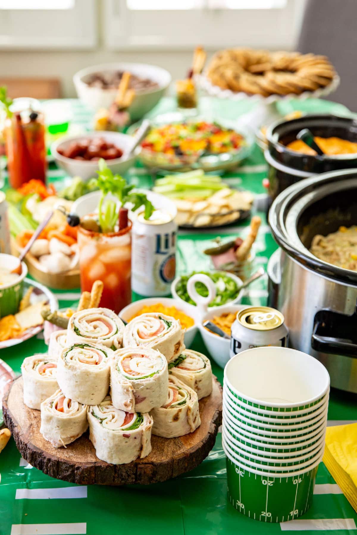 A football-themed spread on a table.