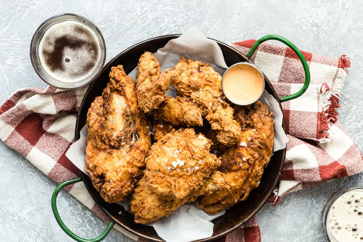 A platter of fried chicken.