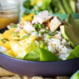 A black bowl with filled with a mango, chicken rice combination.
