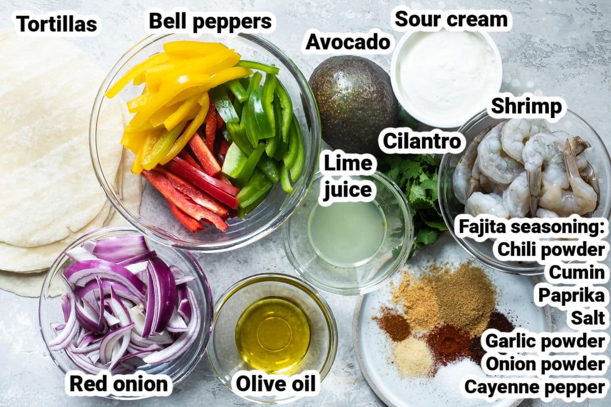 Labeled ingredients for shrimp fajitas.