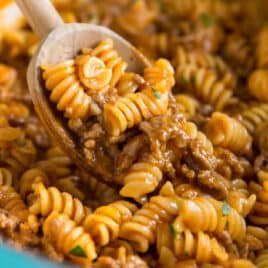 Sloppy Joe Casserole in a blue Dutch oven.