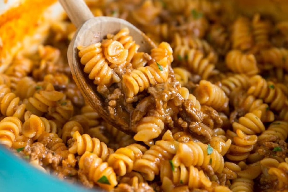 Sloppy Joe Casserole in a blue Dutch oven.