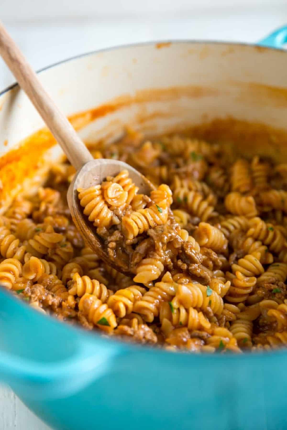 Sloppy Joe Casserole in a blue Dutch oven.