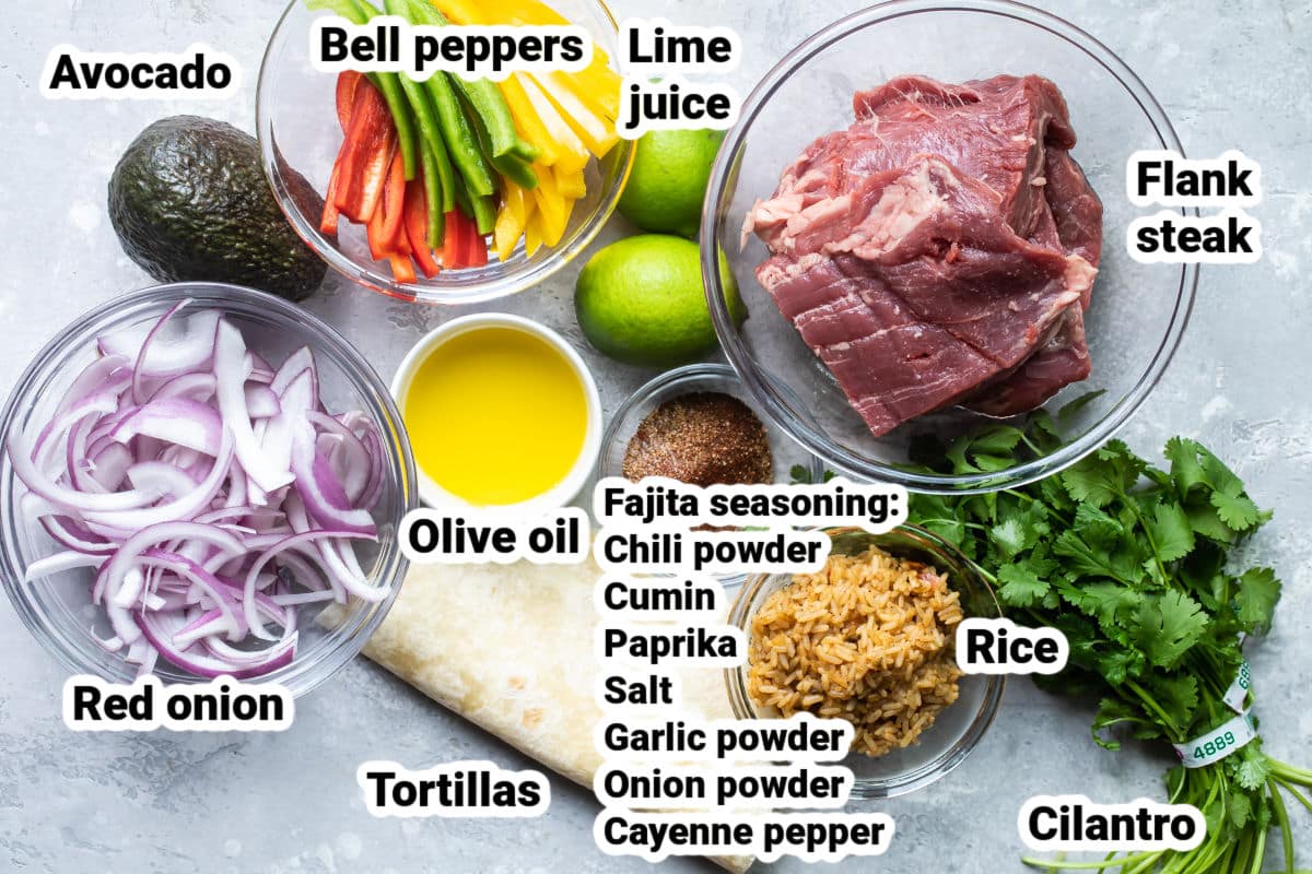 Labeled ingredients for steak fajitas.
