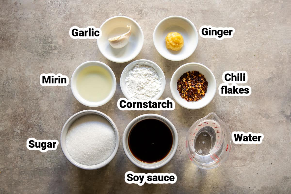 Labeled ingredients for teriyaki sauce.