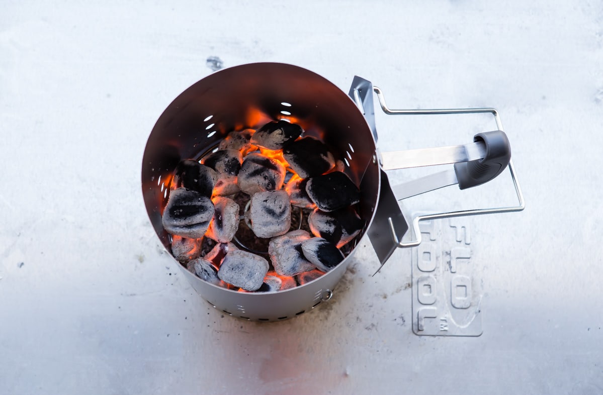 A chimney starter for a charcoal smoker.