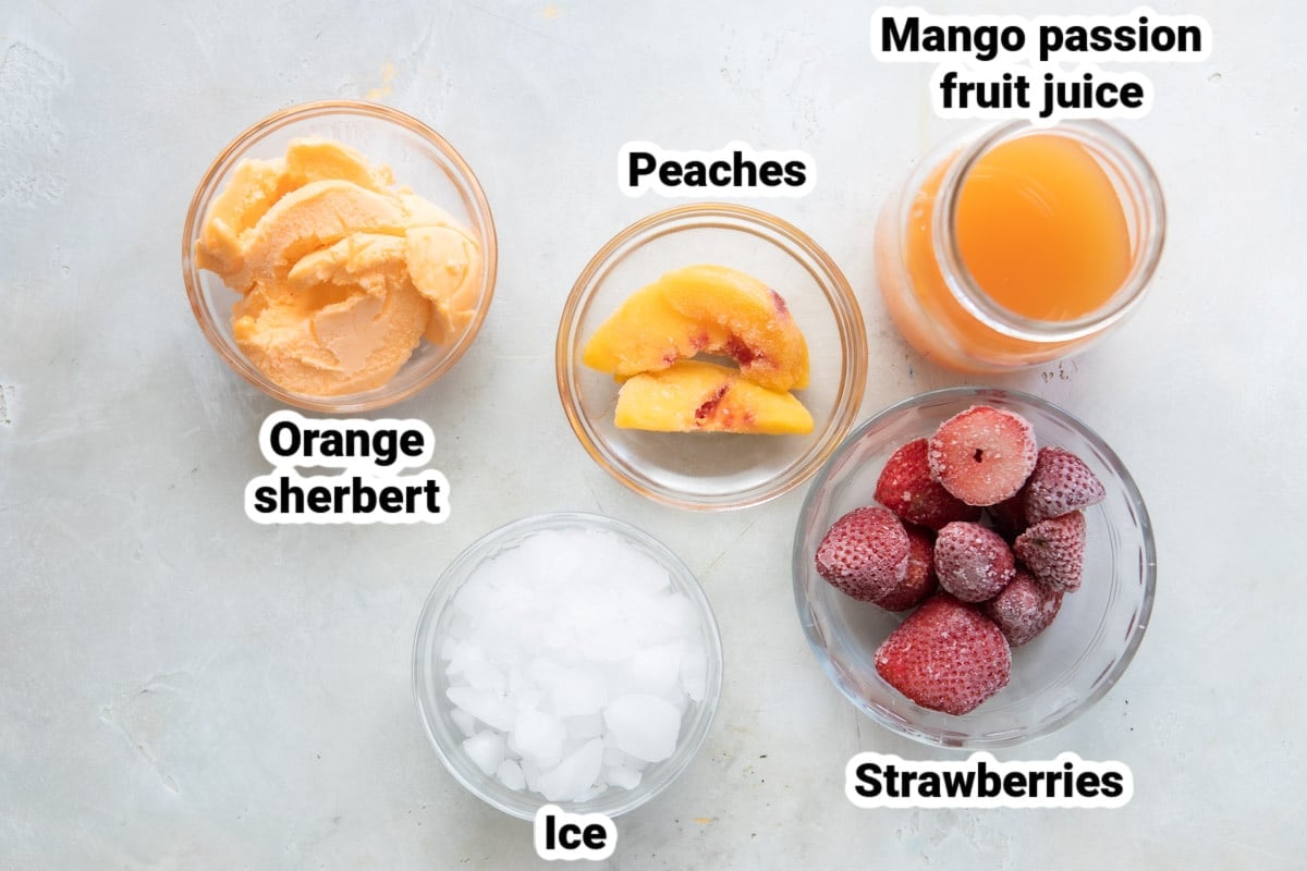 Labeled ingredients for a Caribbean Passion Smoothie.