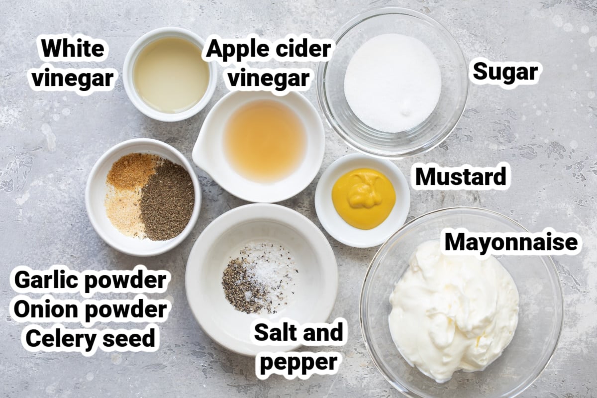 Labeled ingredients for coleslaw dressing.