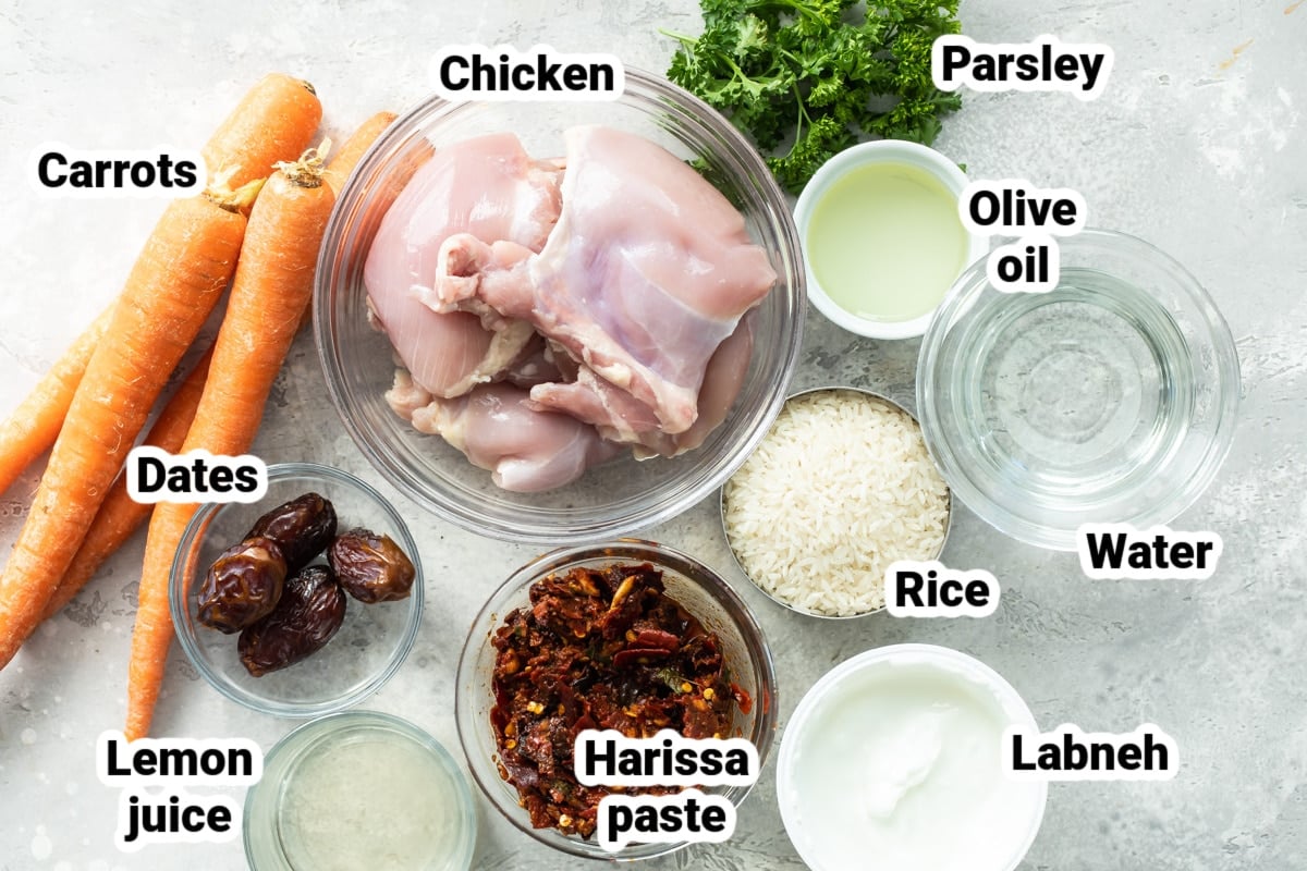 Labeled ingredients for harissa chicken with rice.