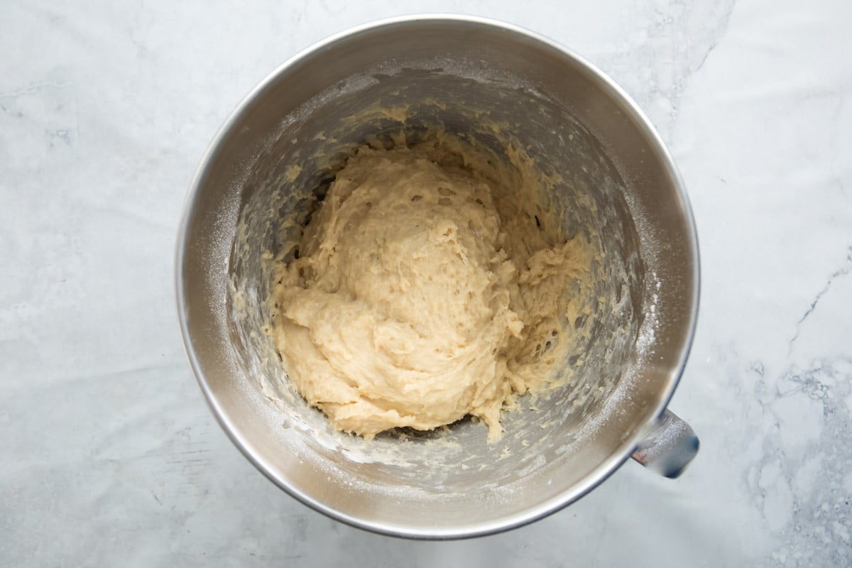 Making yeasted dough in a stand mixer.