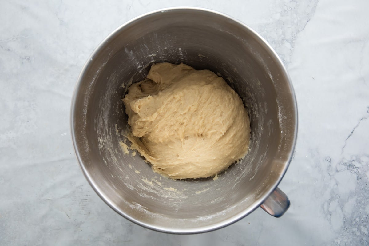 Making yeasted dough in a stand mixer.