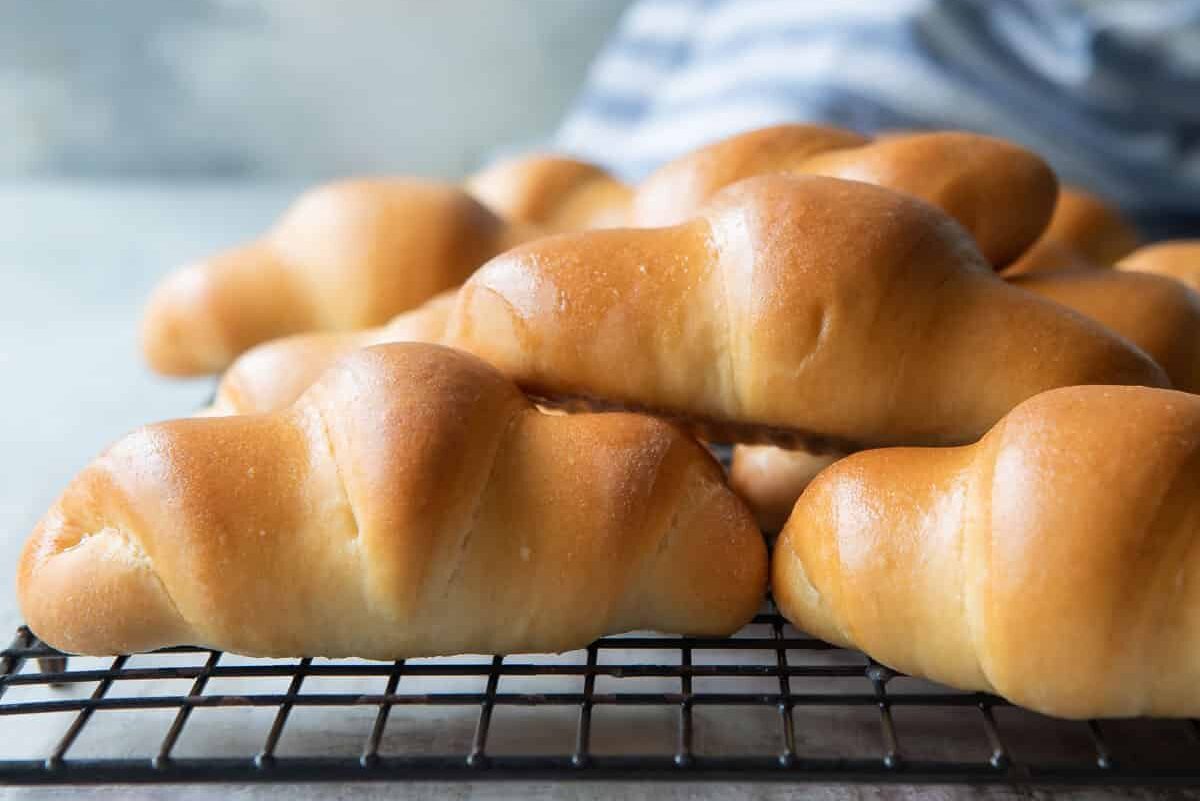 Crescent rolls on a cooling rack.
