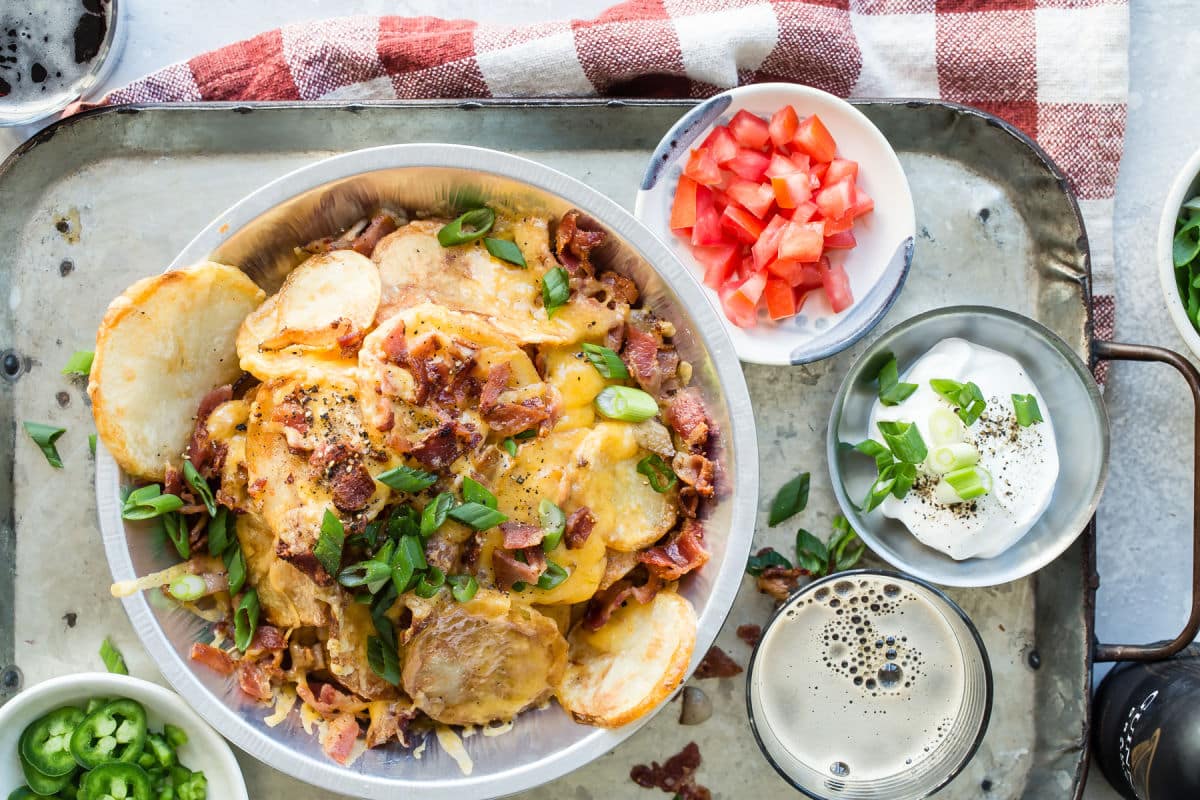 Irish nachos in a silver serving dish.
