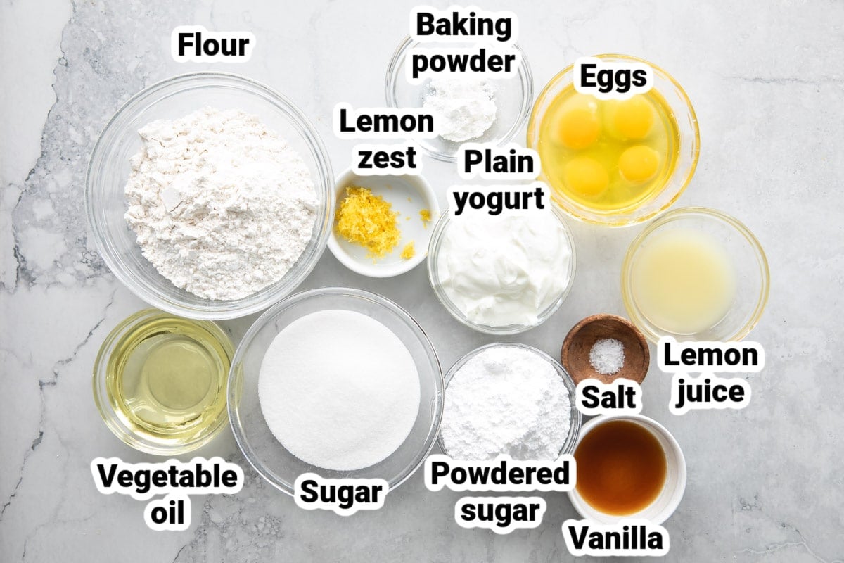 Labeled ingredients for lemon yogurt cake.
