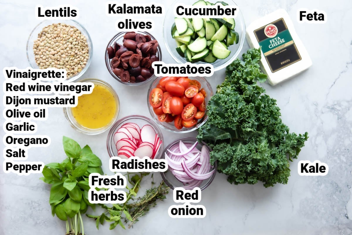 Labeled ingredients for Mediterranean Lentil Salad.