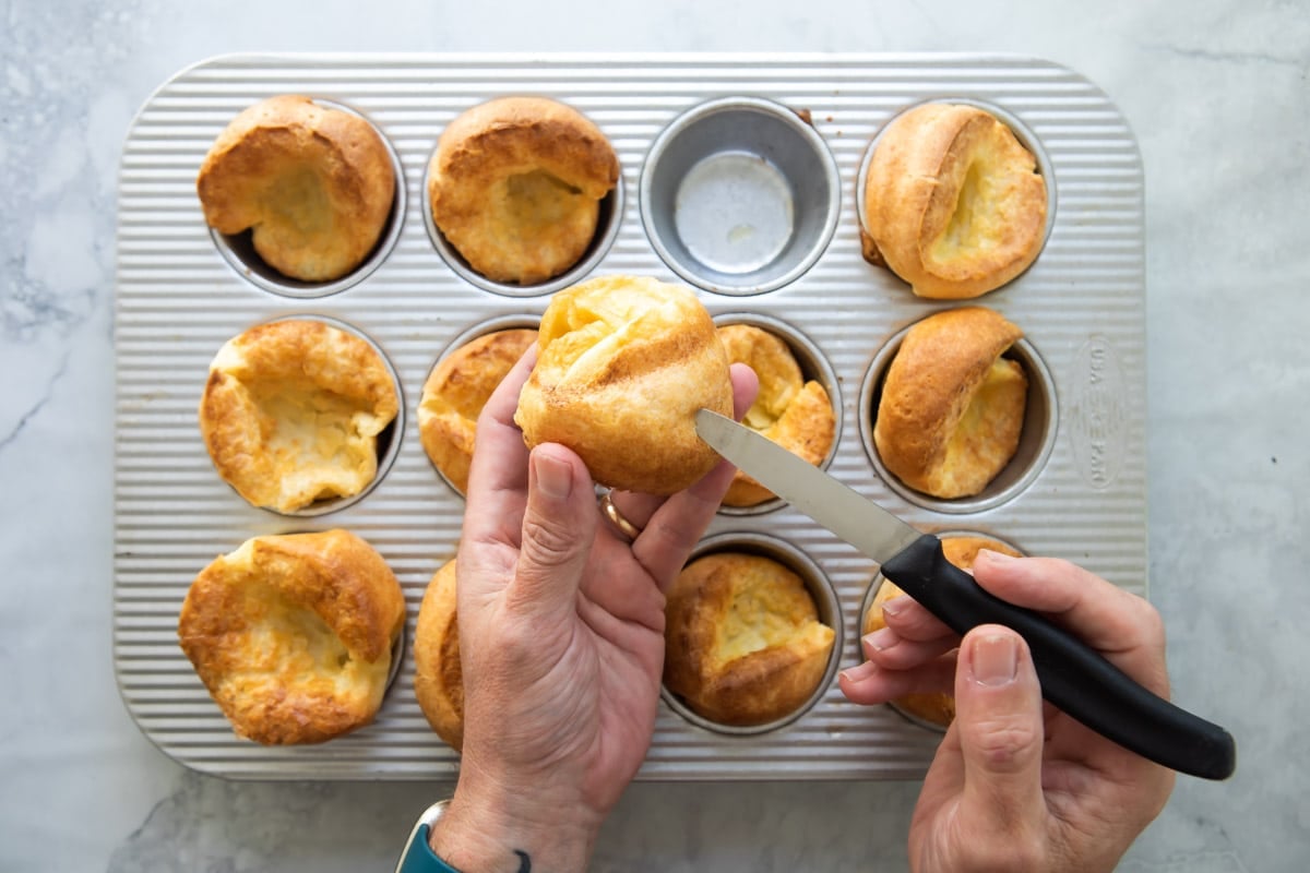 Baked popovers in a muffin pan.