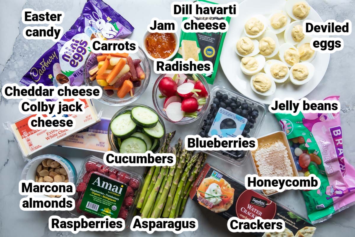 Labeled ingredients for an Easter Charcuterie Board.