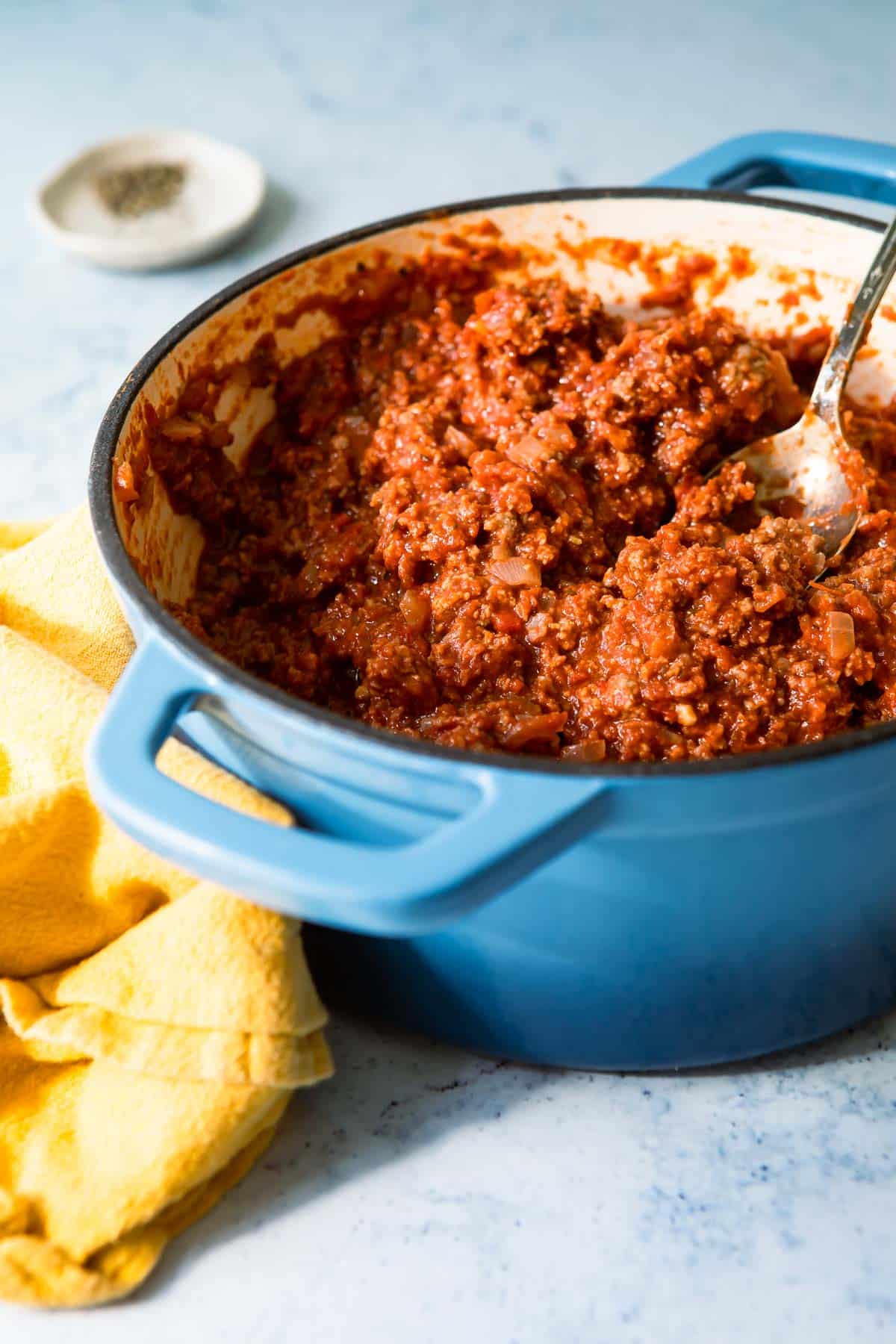 A pot of homemade meat sauce.