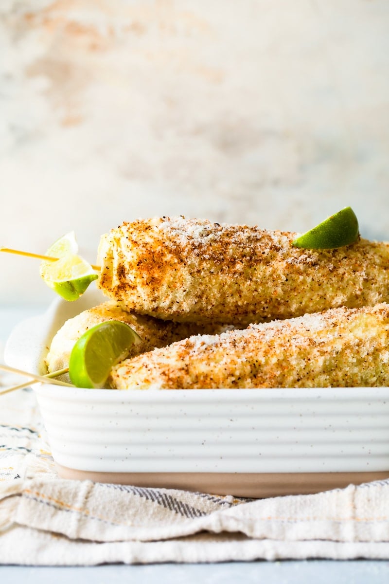 Ears of Mexican Street Corn in a dish.