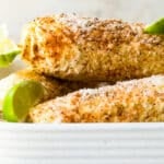Ears of Mexican Street Corn in a dish.