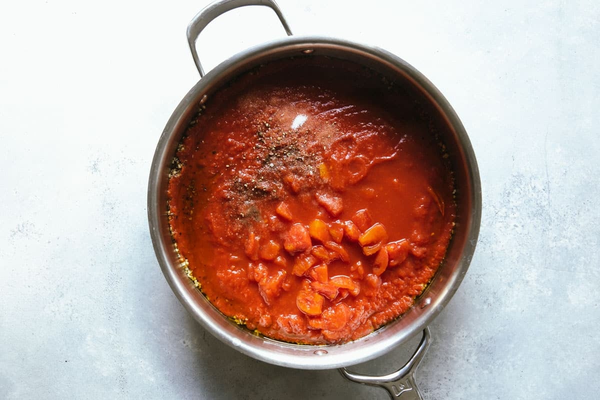 Marinara sauce in a skillet.