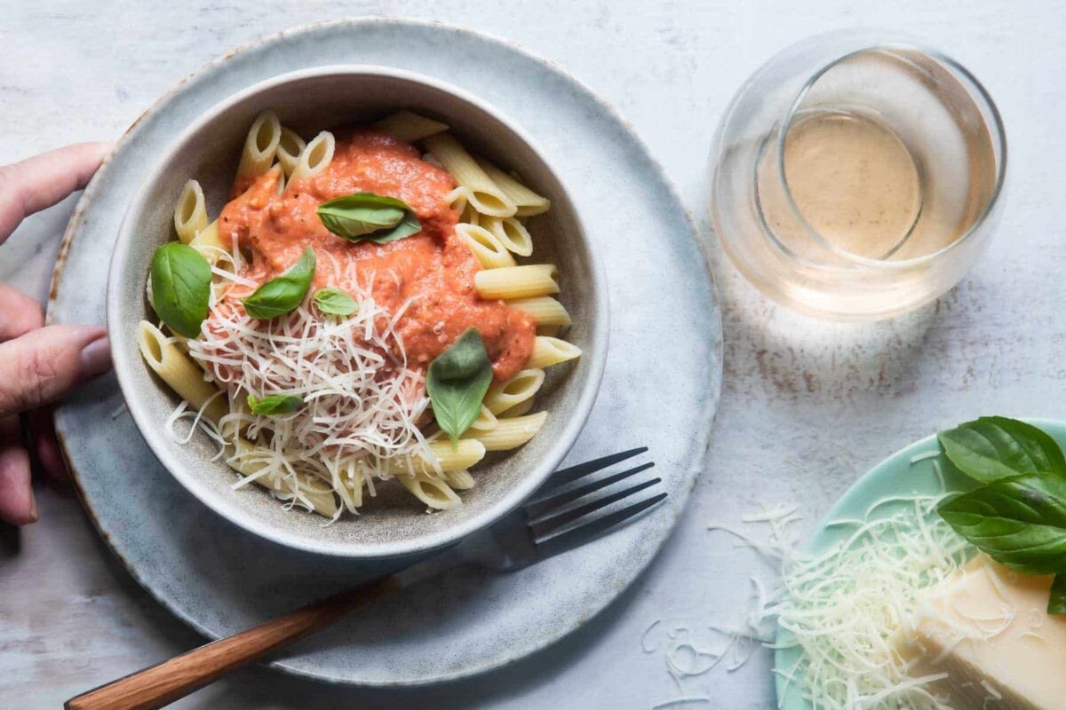 Bowls of penne pasta with Parma Rosa sauce.