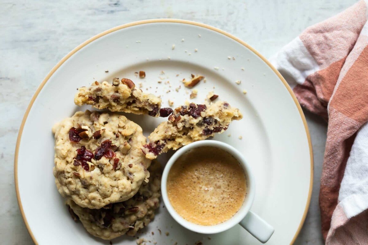 Breakfast cookies on a plate with a cup of coffee.
