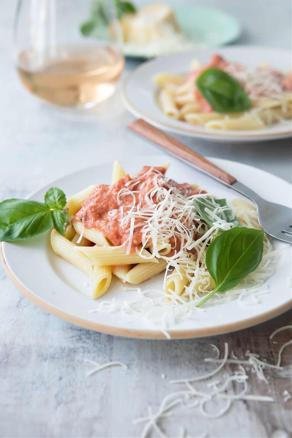 A plate with penne pasta with Parma Rosa sauce.
