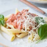 A plate with penne pasta with Parma Rosa sauce.
