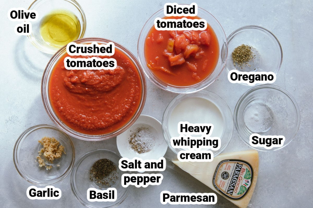 Labeled ingredients for parma rosa sauce.
