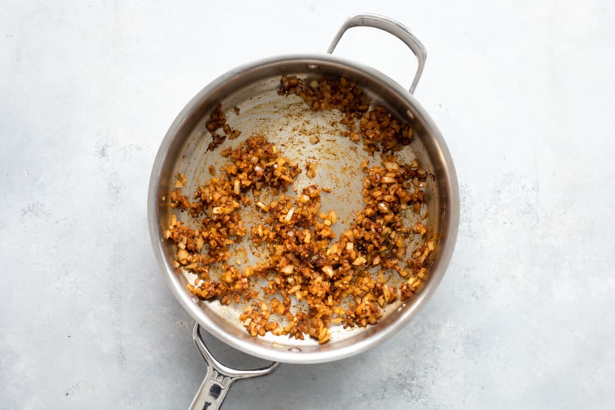 Taco filling for beef tostadas in a skillet.