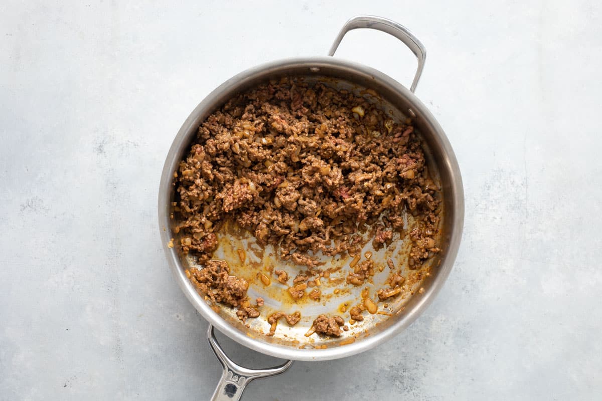 Taco filling for beef tostadas in a skillet.
