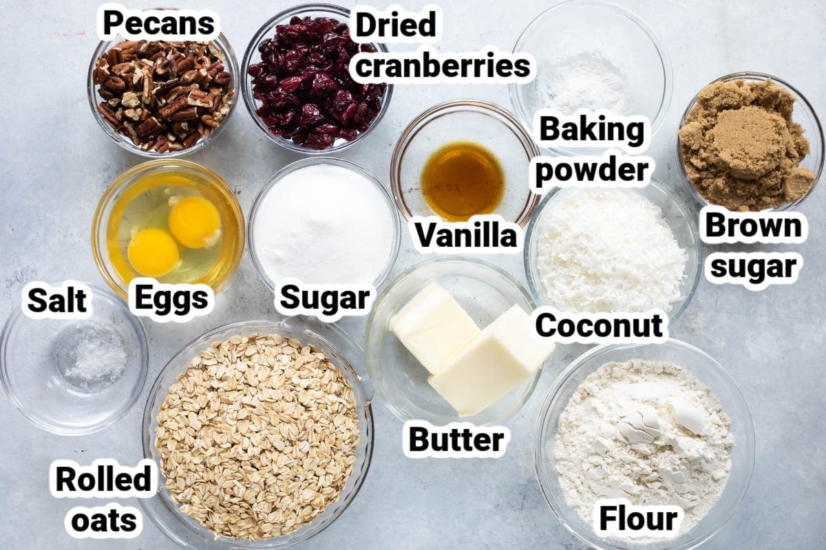 Labeled ingredients for breakfast cookies.