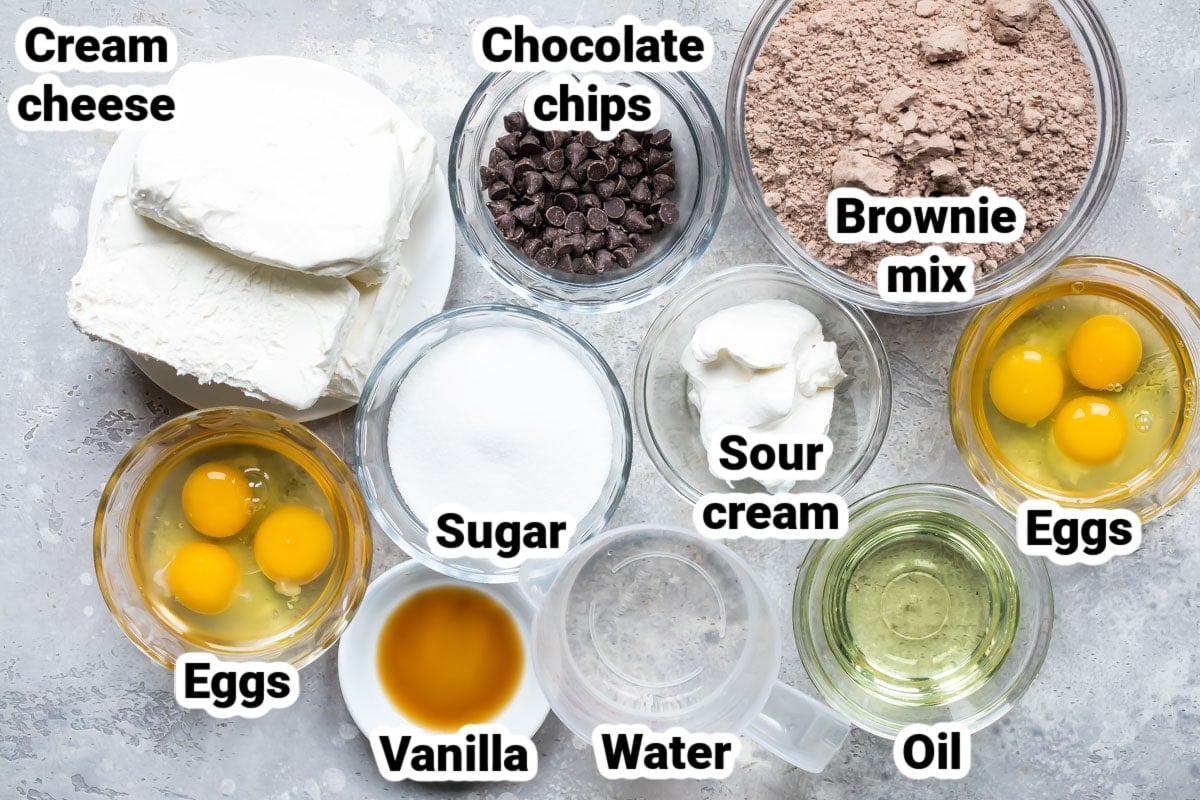 Labeled ingredients for cheesecake brownies.