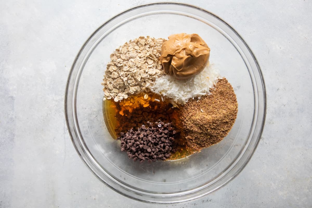Ingredients for energy balls in a bowl.