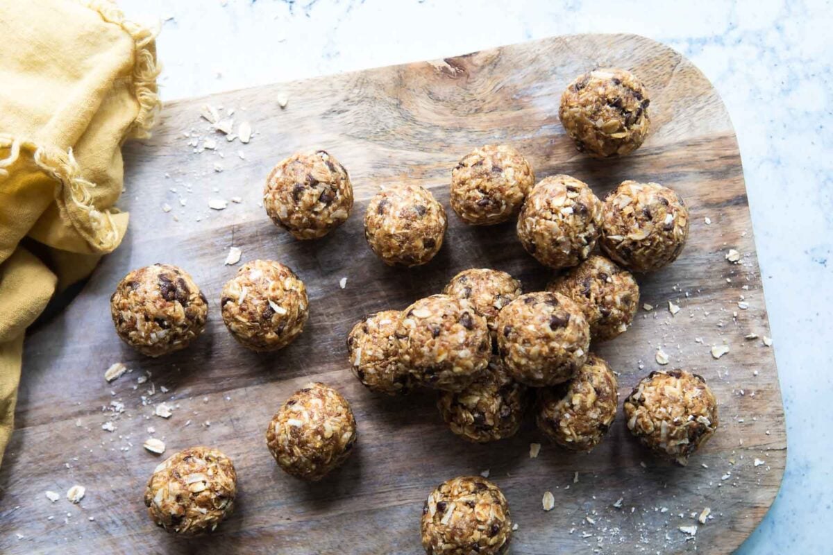 A board full of energy balls.