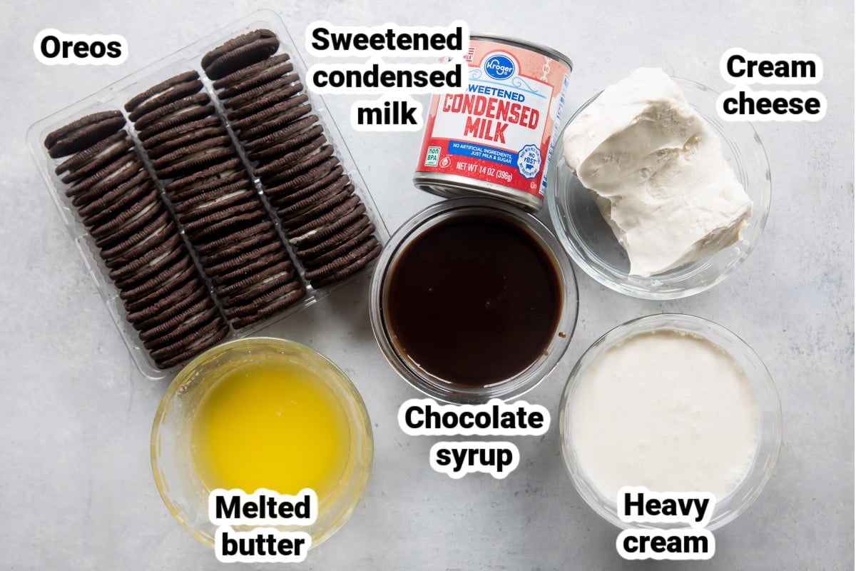 Labeled ingredients for frosty chocolate cheesecake.