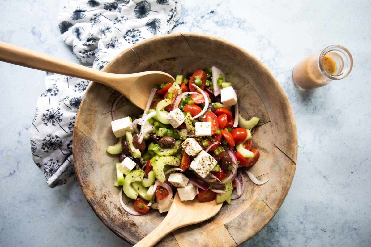 A bowl of Greek salad.