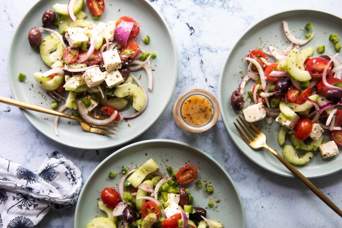A bowl of Greek salad.
