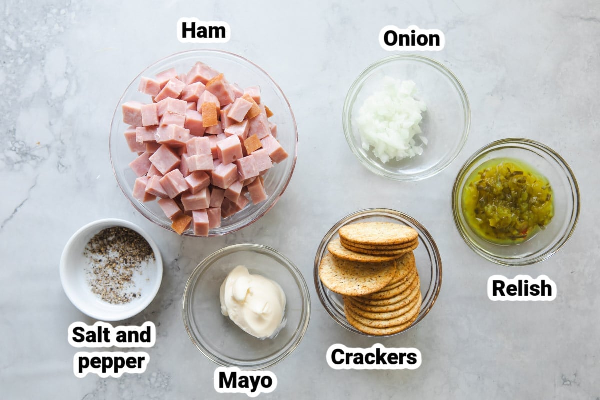 Labeled ingredients for ham salad.