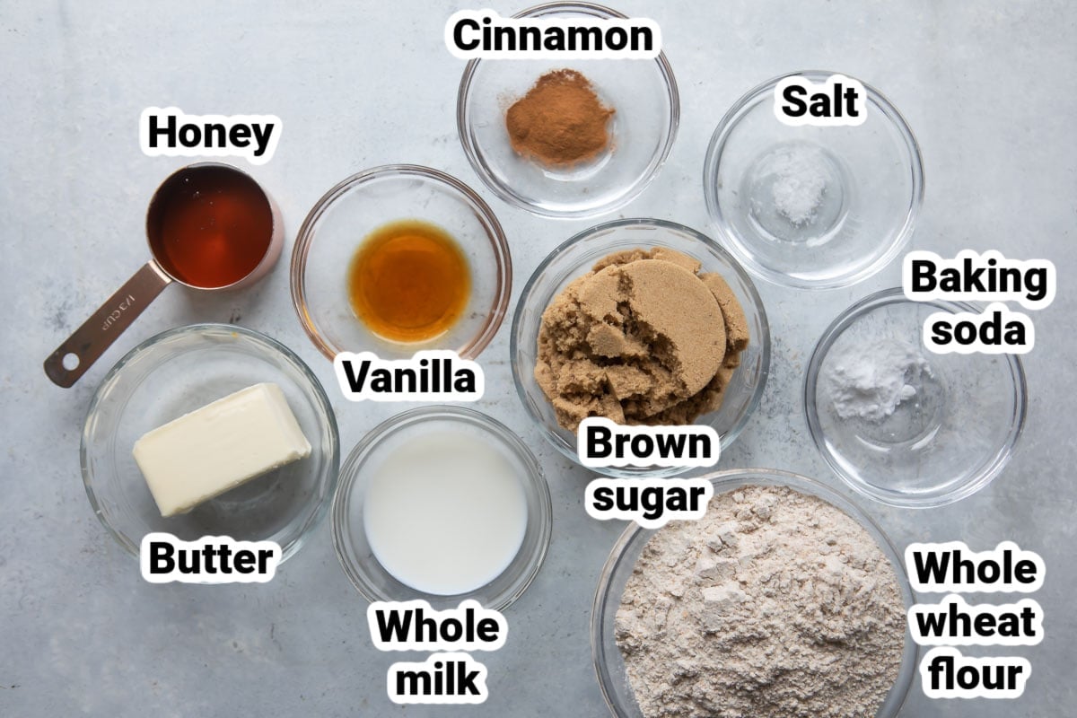 Labeled ingredients for homemade graham crackers.