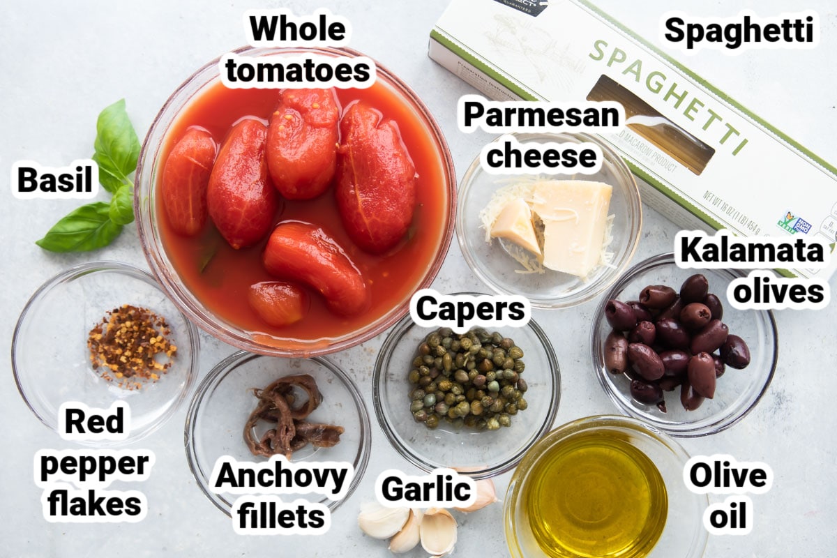 Labeled ingredients for pasta puttanesca.