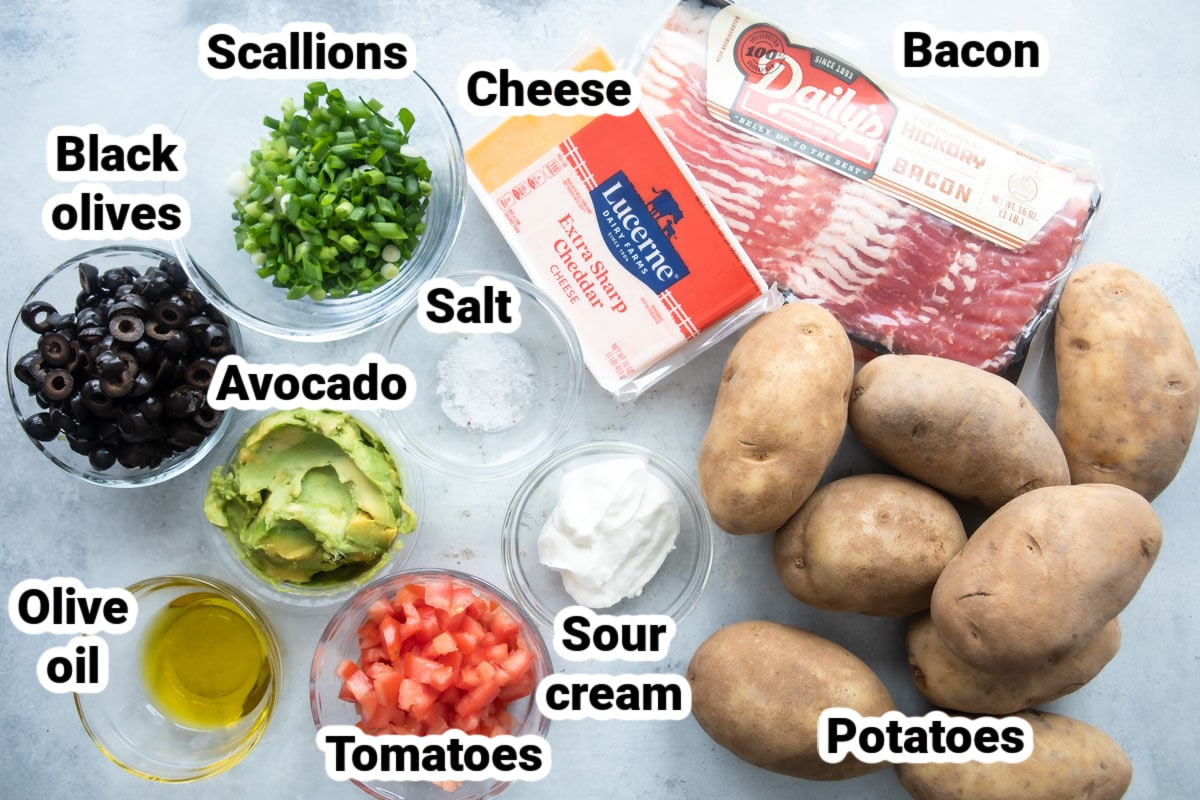 Labeled ingredients for potato skins.