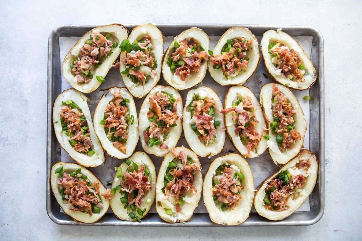 Potato skins before being baked and before cheese topping was added.